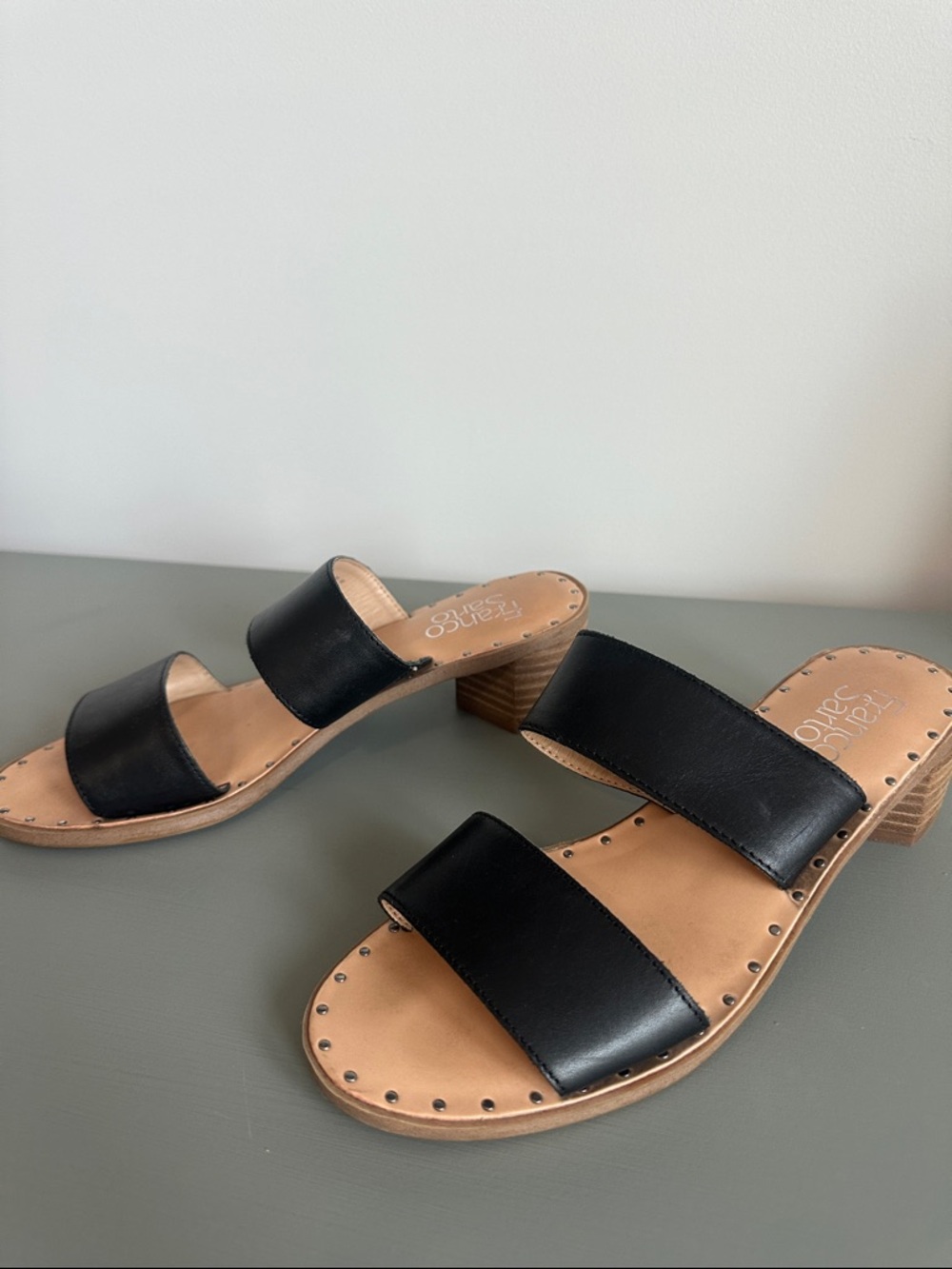 Franco Sarto Black Leather Double-Strap Slide Sandals